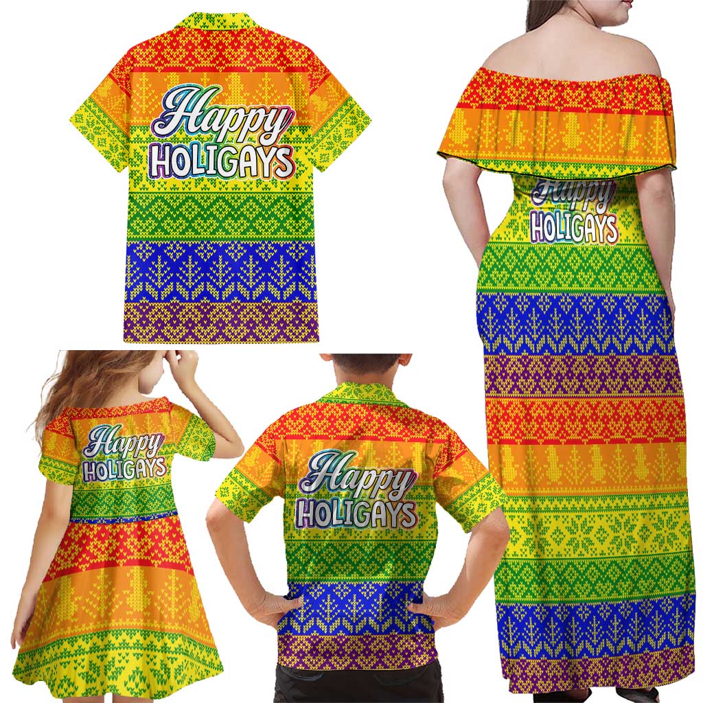 LGBT Gay Pride Happy Holigays Christmas Family Matching Off Shoulder Maxi Dress and Hawaiian Shirt Xmas Holiday Patterns - Wonder Print Shop