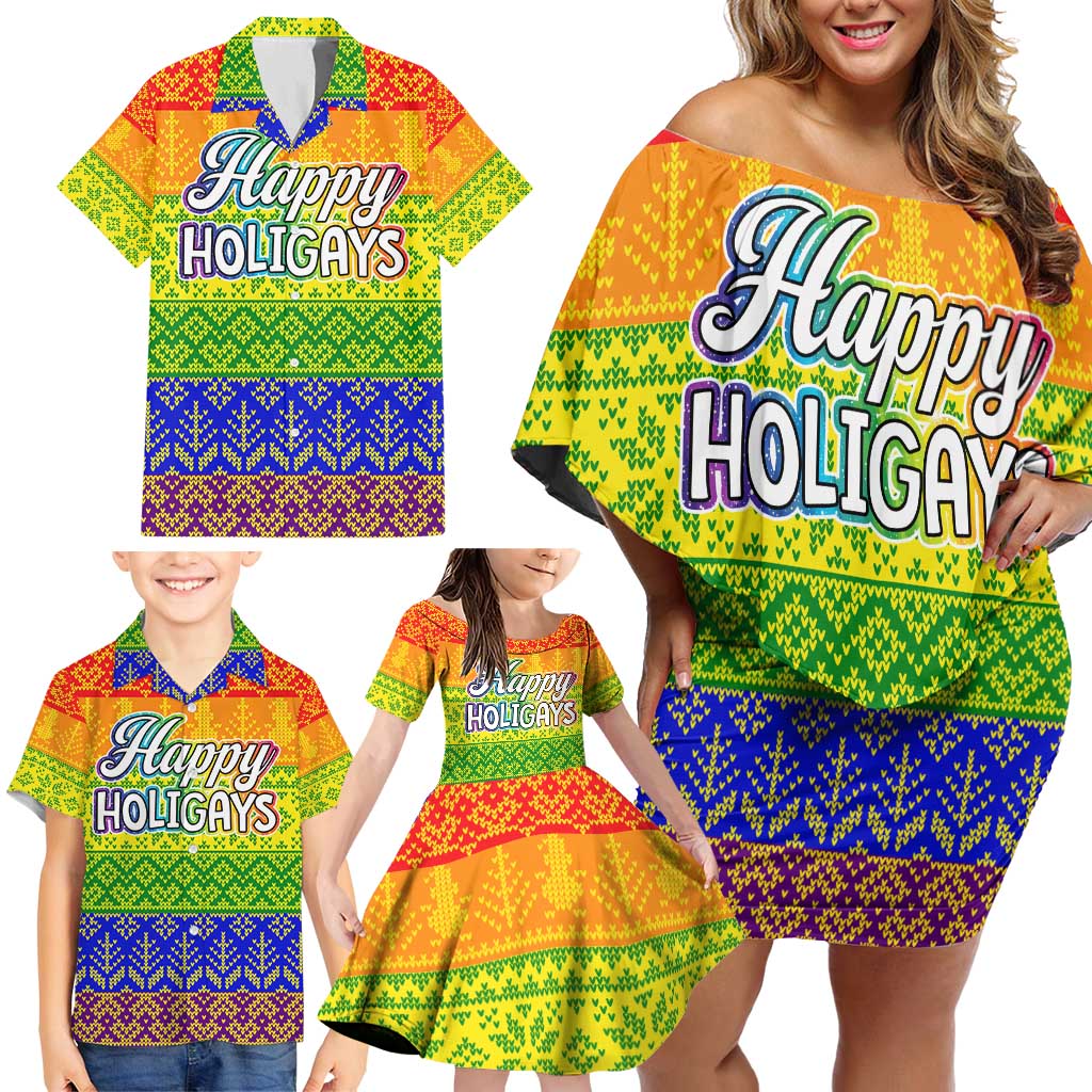 LGBT Gay Pride Happy Holigays Christmas Family Matching Off Shoulder Short Dress and Hawaiian Shirt Xmas Holiday Patterns - Wonder Print Shop