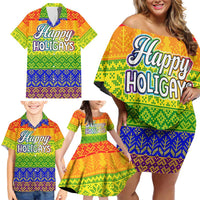 LGBT Gay Pride Happy Holigays Christmas Family Matching Off Shoulder Short Dress and Hawaiian Shirt Xmas Holiday Patterns - Wonder Print Shop