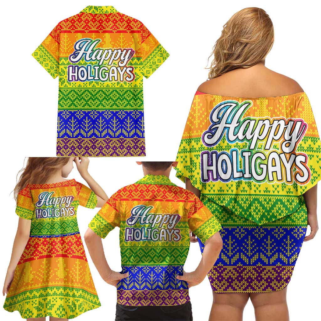 LGBT Gay Pride Happy Holigays Christmas Family Matching Off Shoulder Short Dress and Hawaiian Shirt Xmas Holiday Patterns - Wonder Print Shop