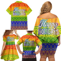 LGBT Gay Pride Happy Holigays Christmas Family Matching Off Shoulder Short Dress and Hawaiian Shirt Xmas Holiday Patterns - Wonder Print Shop