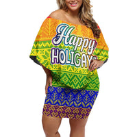 LGBT Gay Pride Happy Holigays Christmas Family Matching Off Shoulder Short Dress and Hawaiian Shirt Xmas Holiday Patterns - Wonder Print Shop