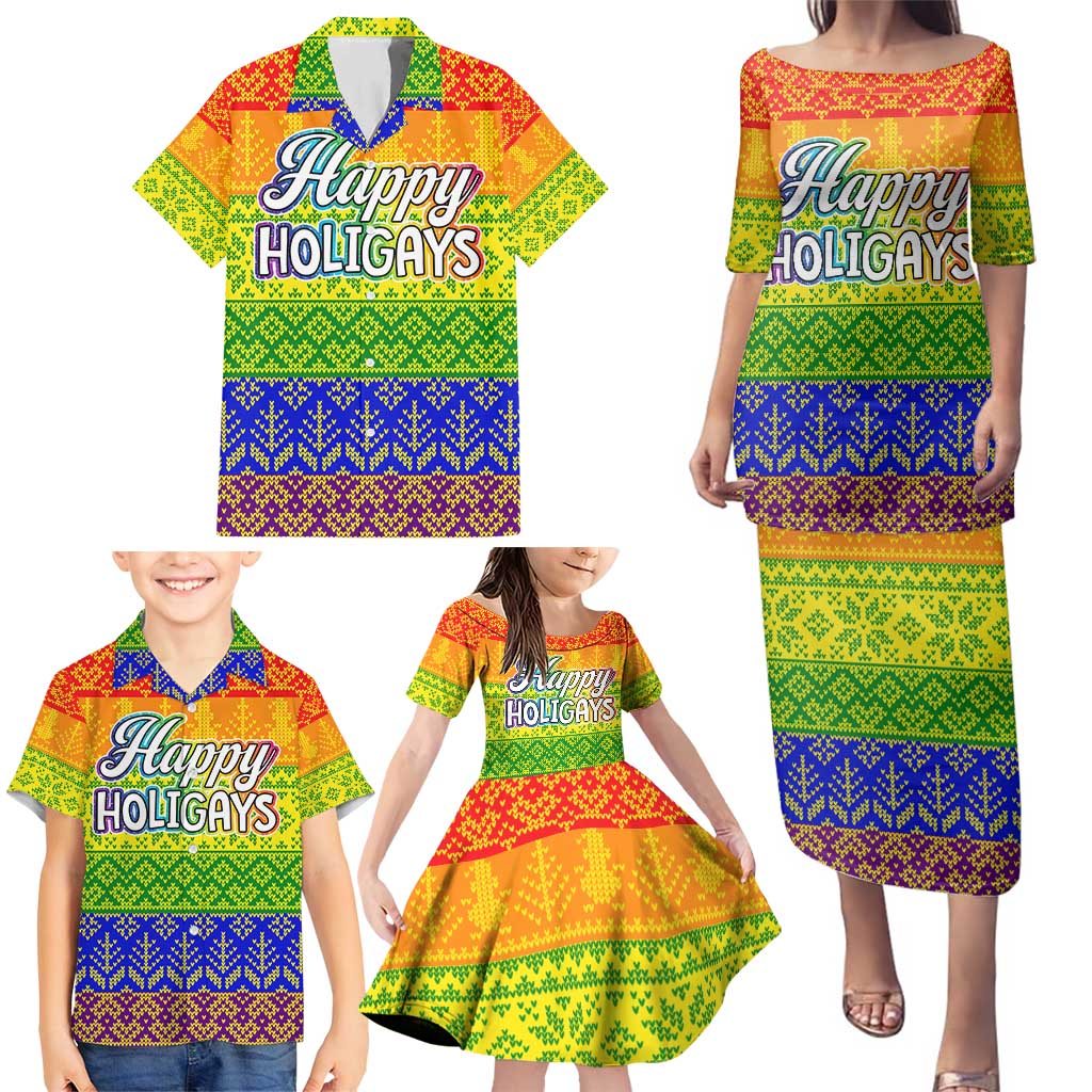 LGBT Gay Pride Happy Holigays Christmas Family Matching Puletasi and Hawaiian Shirt Xmas Holiday Patterns - Wonder Print Shop