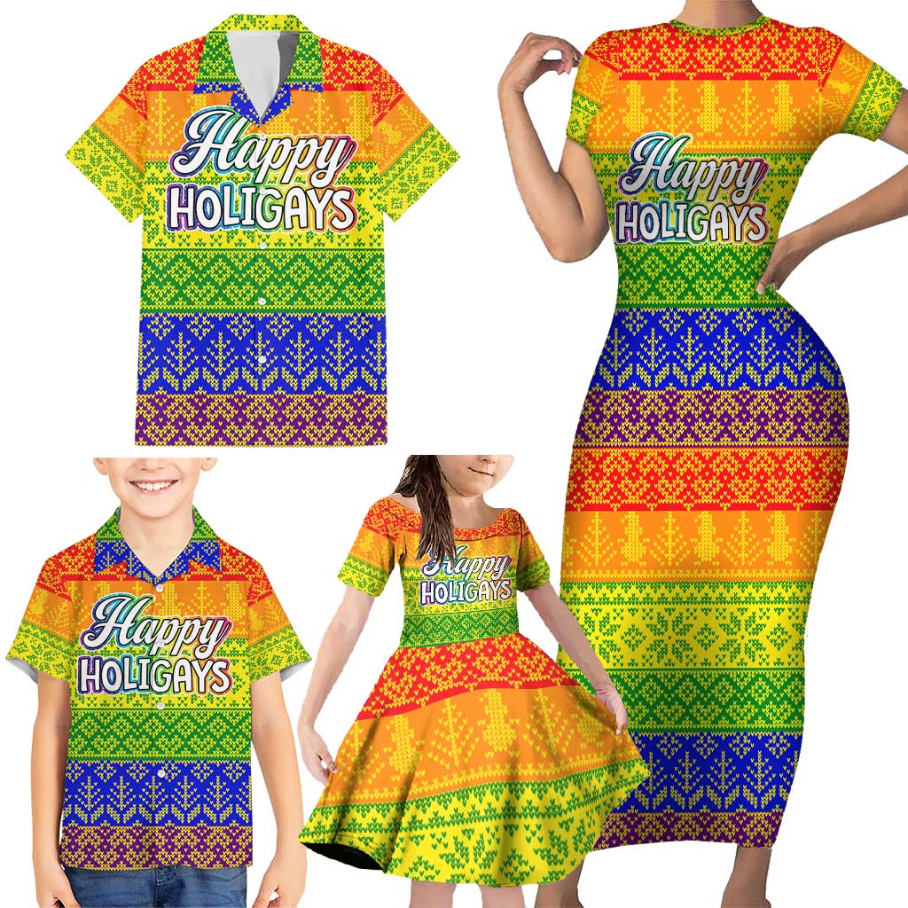 LGBT Gay Pride Happy Holigays Christmas Family Matching Short Sleeve Bodycon Dress and Hawaiian Shirt Xmas Holiday Patterns - Wonder Print Shop