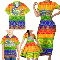 LGBT Gay Pride Happy Holigays Christmas Family Matching Short Sleeve Bodycon Dress and Hawaiian Shirt Xmas Holiday Patterns - Wonder Print Shop