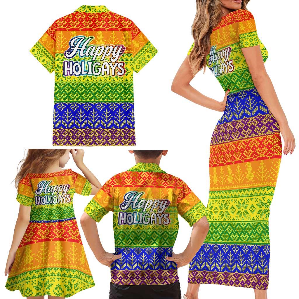 LGBT Gay Pride Happy Holigays Christmas Family Matching Short Sleeve Bodycon Dress and Hawaiian Shirt Xmas Holiday Patterns - Wonder Print Shop