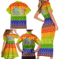 LGBT Gay Pride Happy Holigays Christmas Family Matching Short Sleeve Bodycon Dress and Hawaiian Shirt Xmas Holiday Patterns - Wonder Print Shop