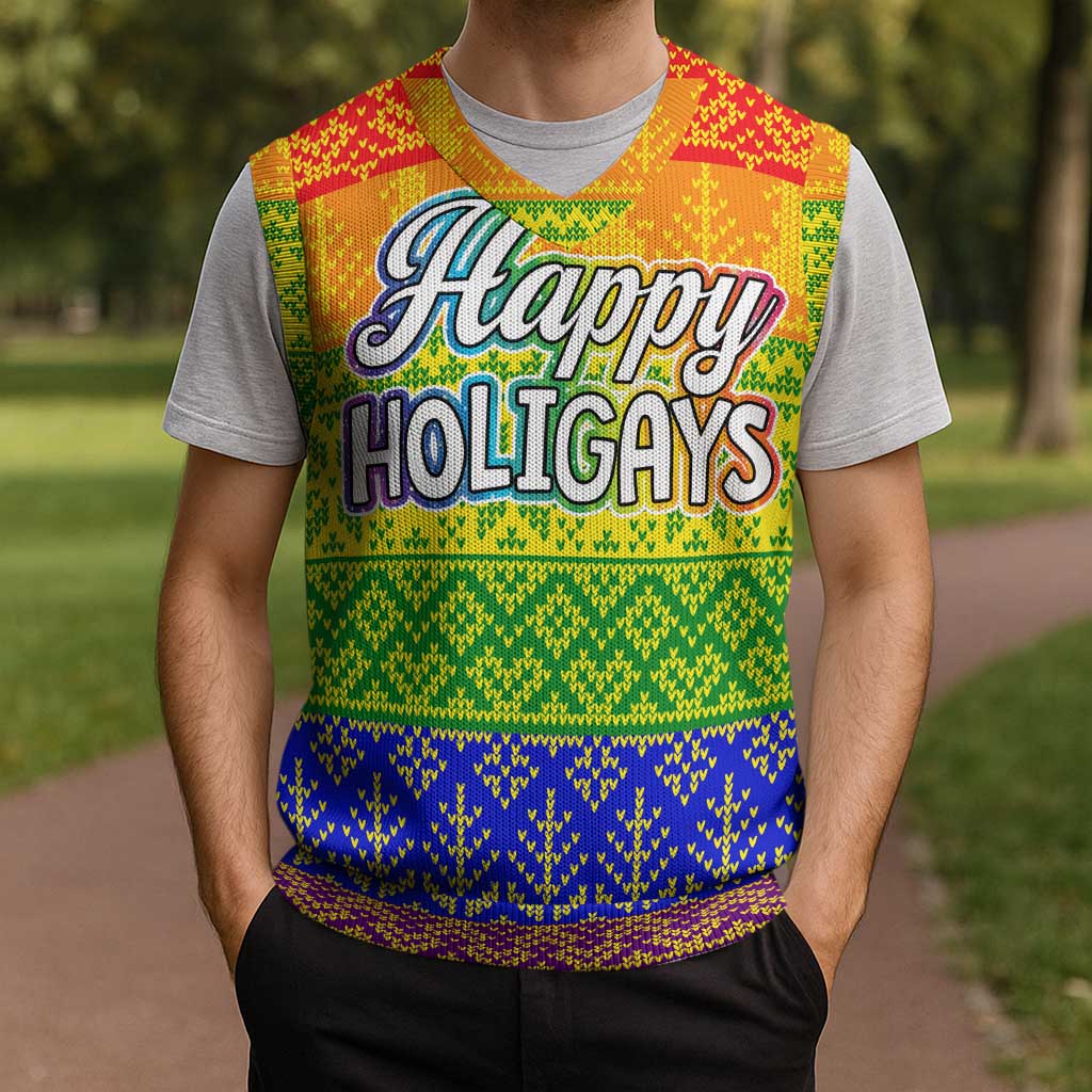 LGBT Gay Pride Happy Holigays Christmas Knitted V-Neck Vest Xmas Holiday Patterns - Wonder Print Shop