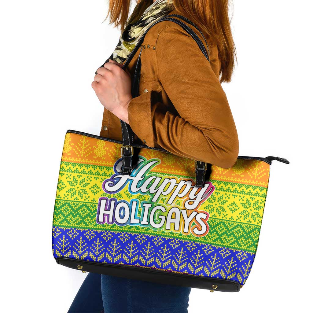 LGBT Gay Pride Happy Holigays Christmas Leather Tote Bag Xmas Holiday Patterns - Wonder Print Shop