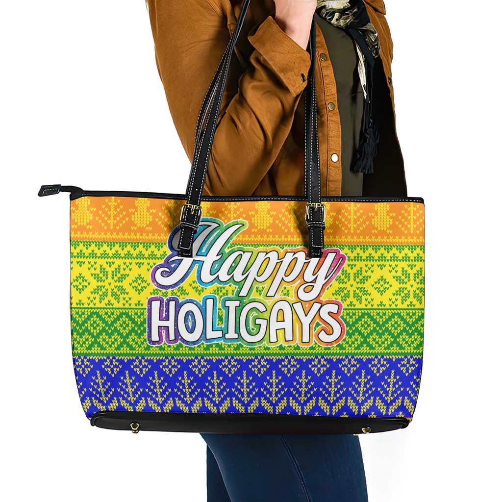 LGBT Gay Pride Happy Holigays Christmas Leather Tote Bag Xmas Holiday Patterns - Wonder Print Shop