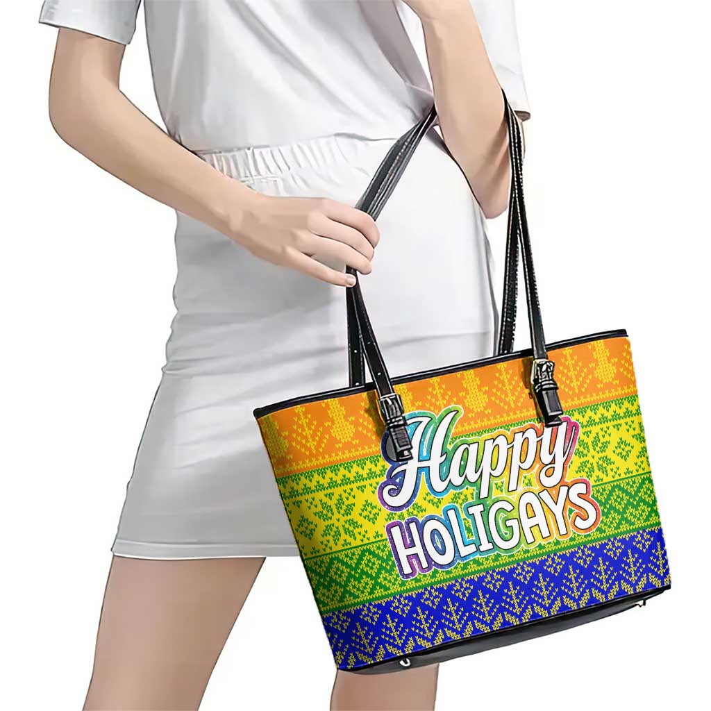 LGBT Gay Pride Happy Holigays Christmas Leather Tote Bag Xmas Holiday Patterns - Wonder Print Shop