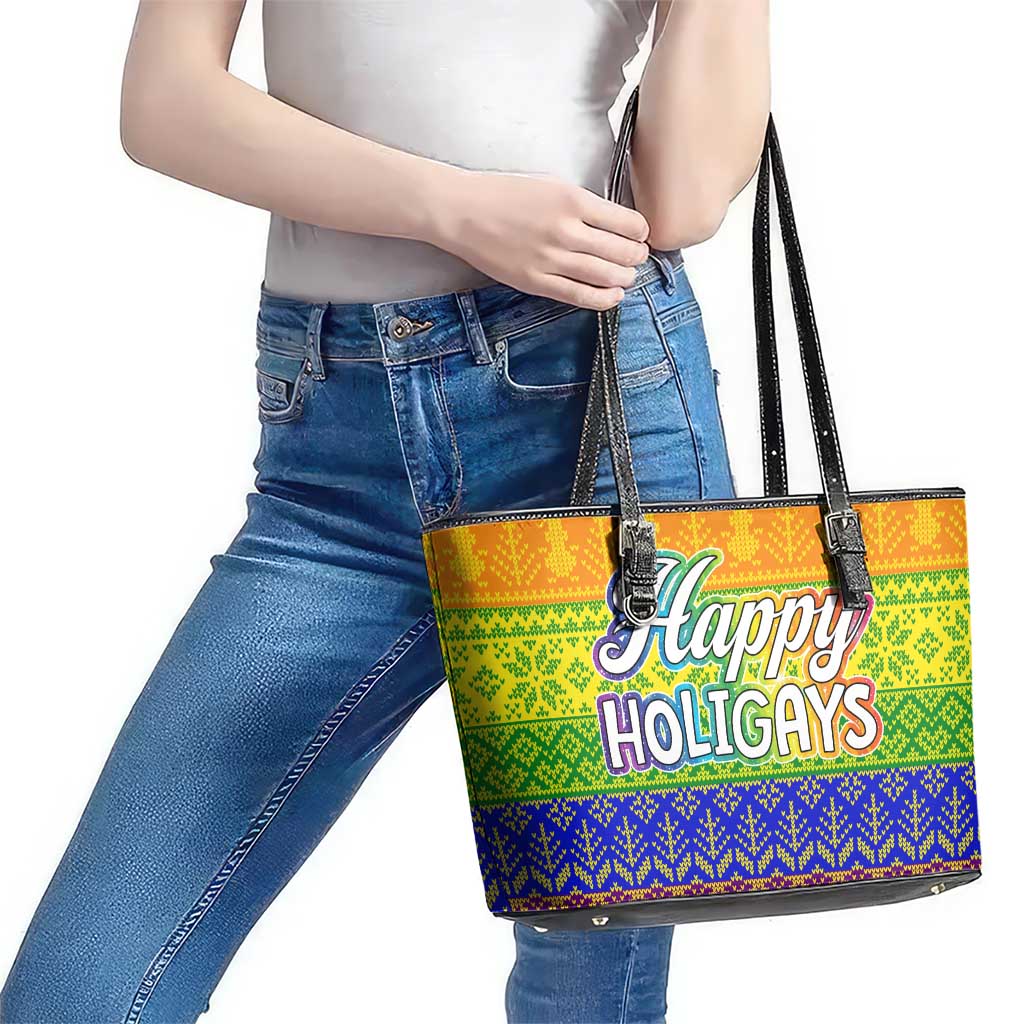 LGBT Gay Pride Happy Holigays Christmas Leather Tote Bag Xmas Holiday Patterns - Wonder Print Shop