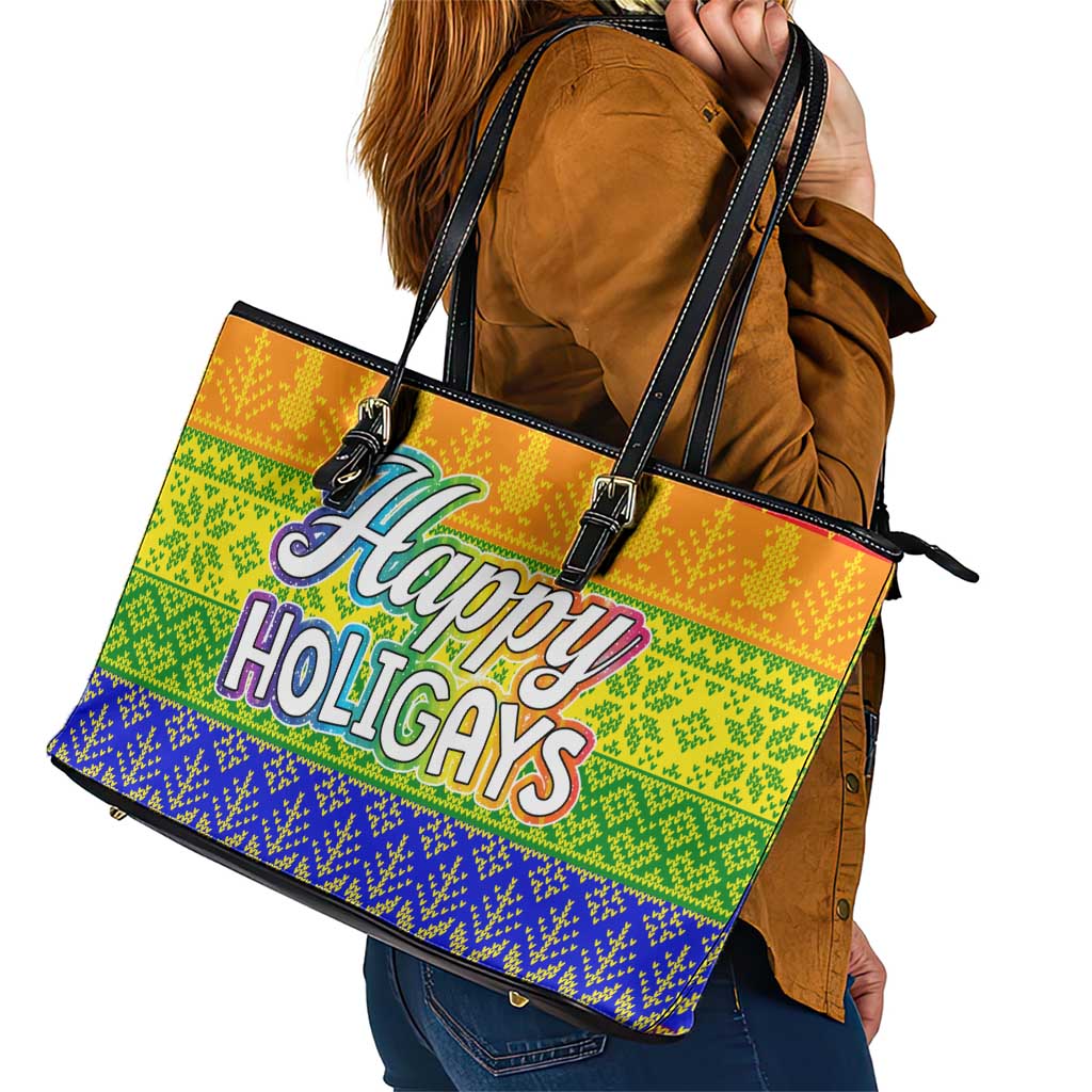 LGBT Gay Pride Happy Holigays Christmas Leather Tote Bag Xmas Holiday Patterns - Wonder Print Shop