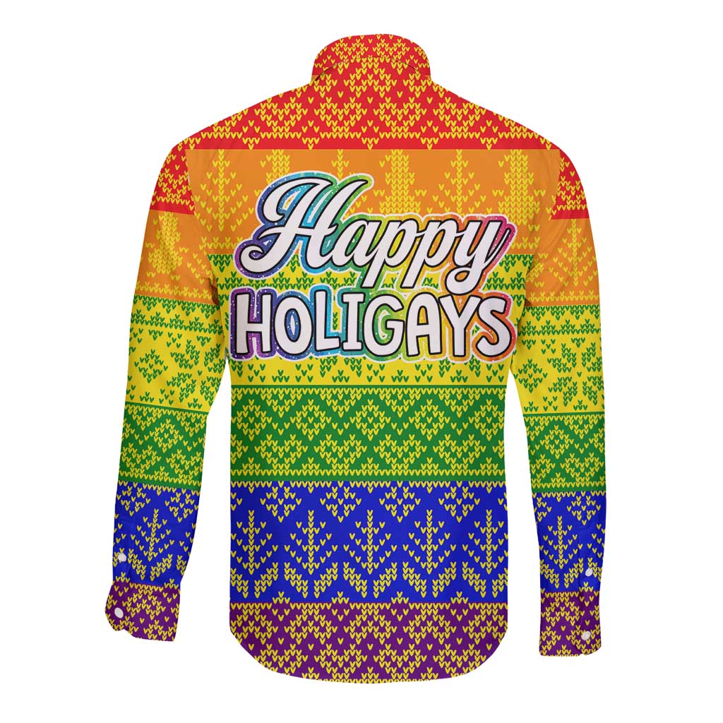 LGBT Gay Pride Happy Holigays Christmas Long Sleeve Button Shirt Xmas Holiday Patterns - Wonder Print Shop