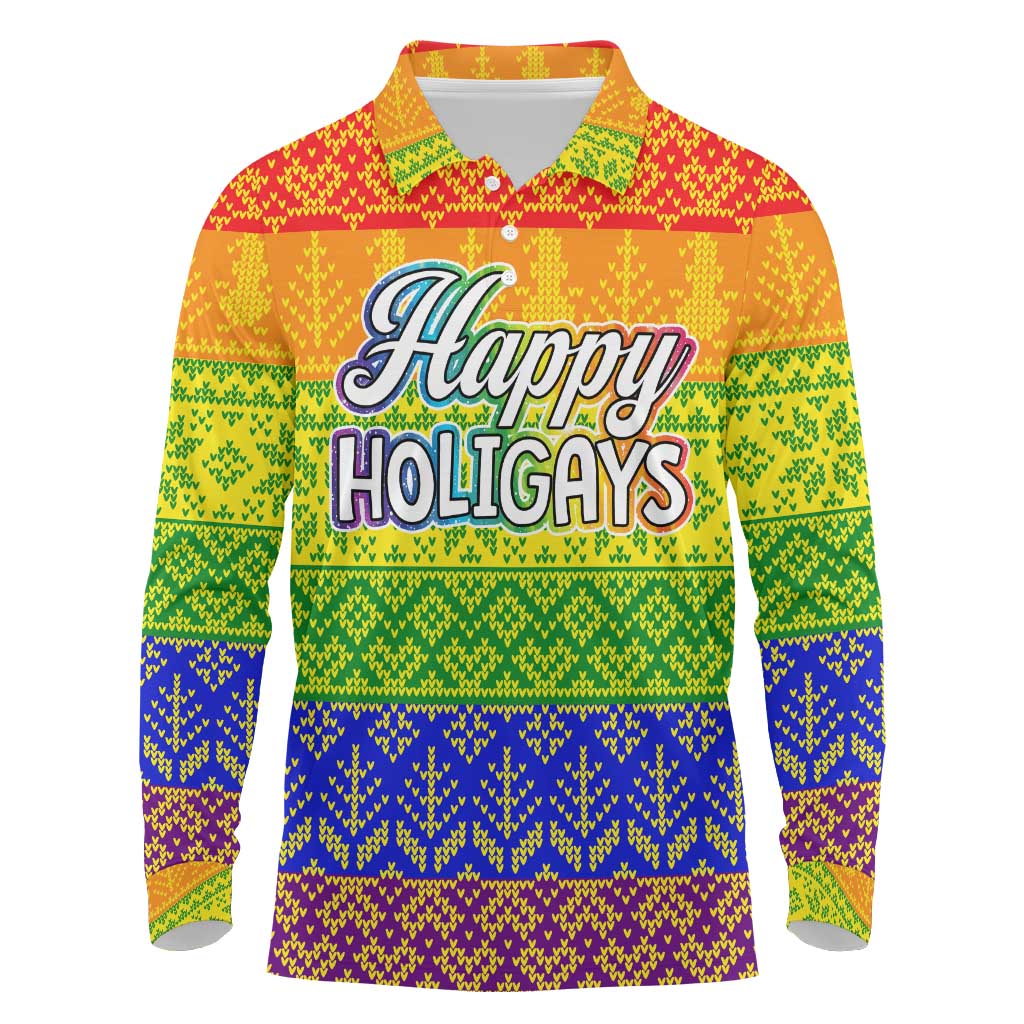 LGBT Gay Pride Happy Holigays Christmas Long Sleeve Polo Shirt Xmas Holiday Patterns - Wonder Print Shop