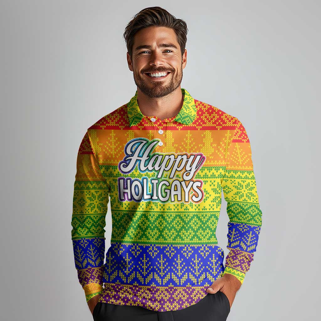 LGBT Gay Pride Happy Holigays Christmas Long Sleeve Polo Shirt Xmas Holiday Patterns - Wonder Print Shop