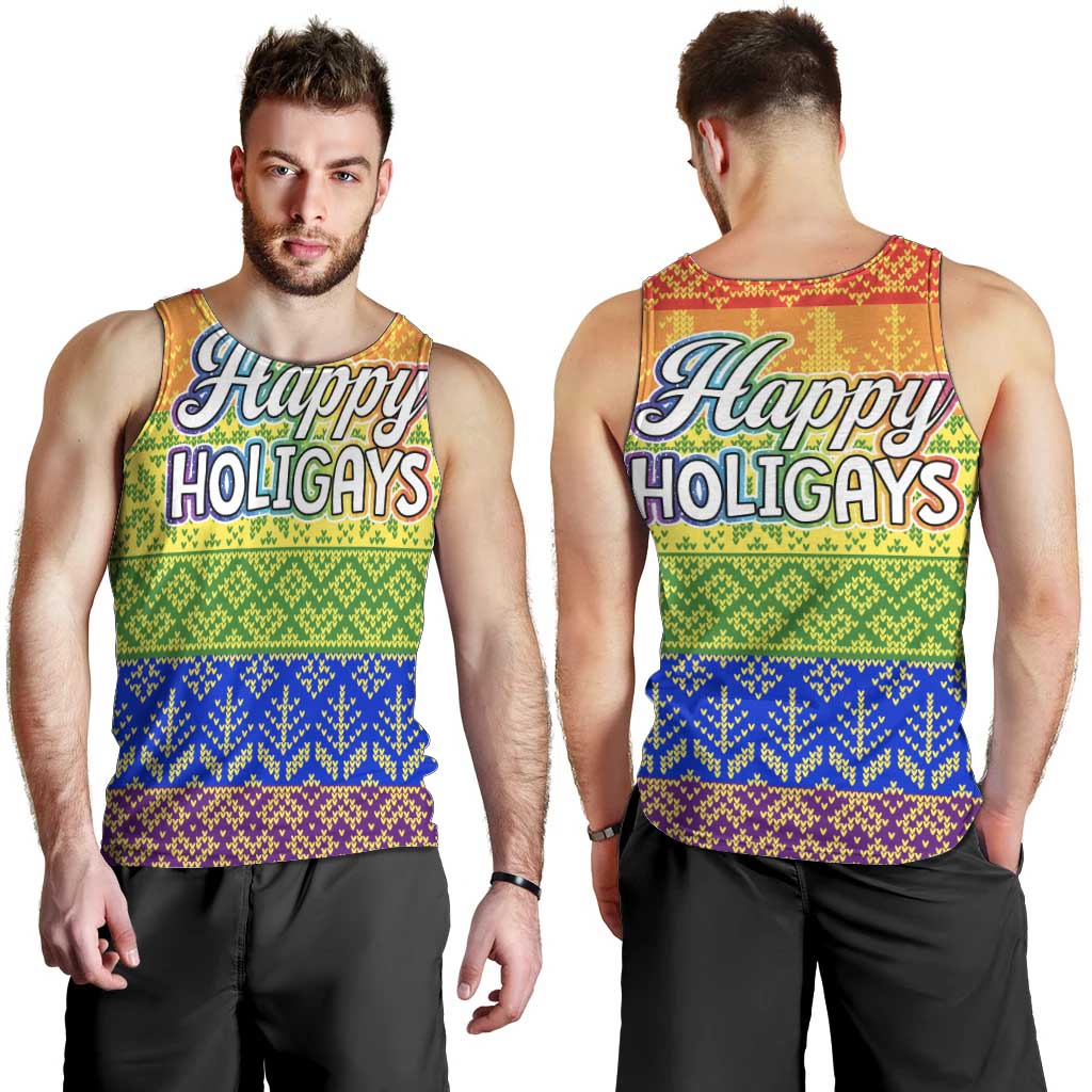 LGBT Gay Pride Happy Holigays Christmas Men Tank Top Xmas Holiday Patterns - Wonder Print Shop