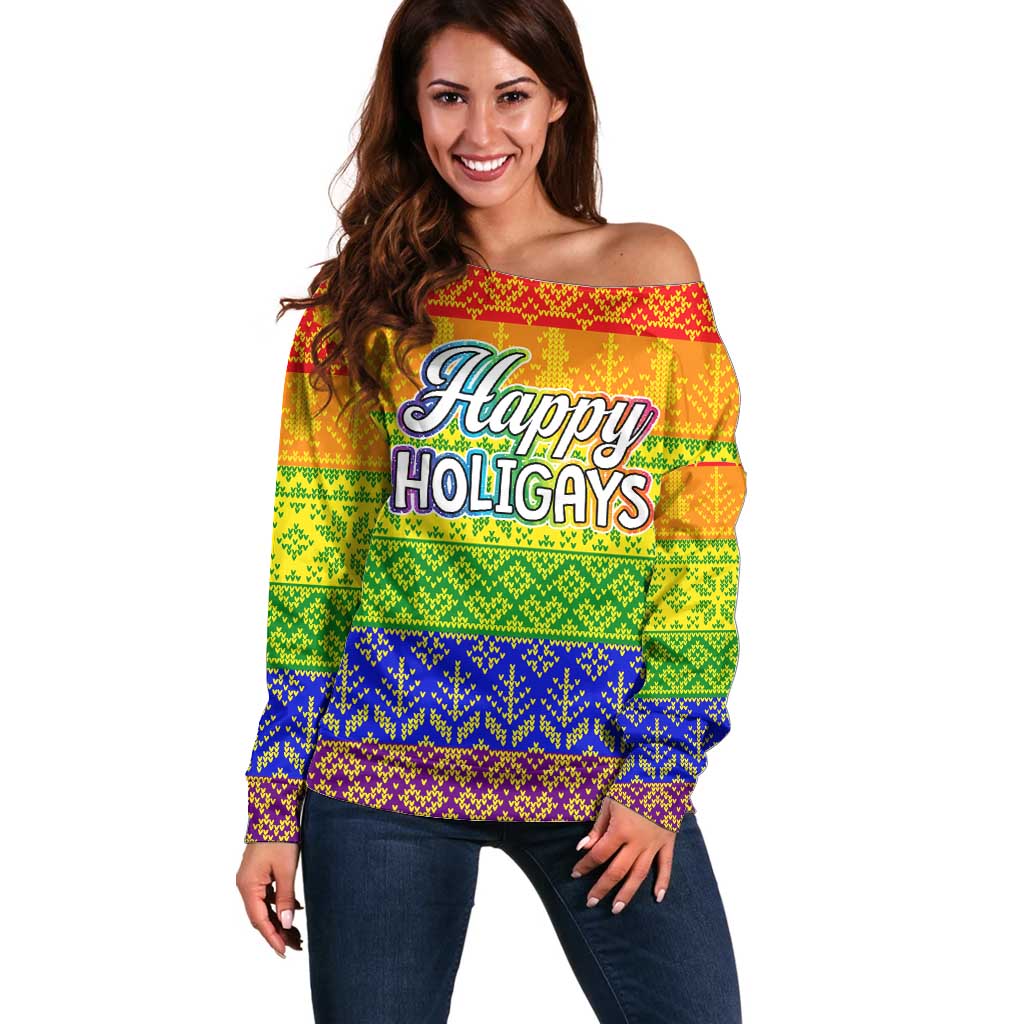 LGBT Gay Pride Happy Holigays Christmas Off Shoulder Sweater Xmas Holiday Patterns - Wonder Print Shop