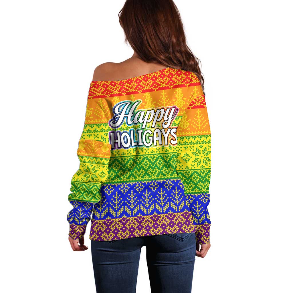 LGBT Gay Pride Happy Holigays Christmas Off Shoulder Sweater Xmas Holiday Patterns - Wonder Print Shop