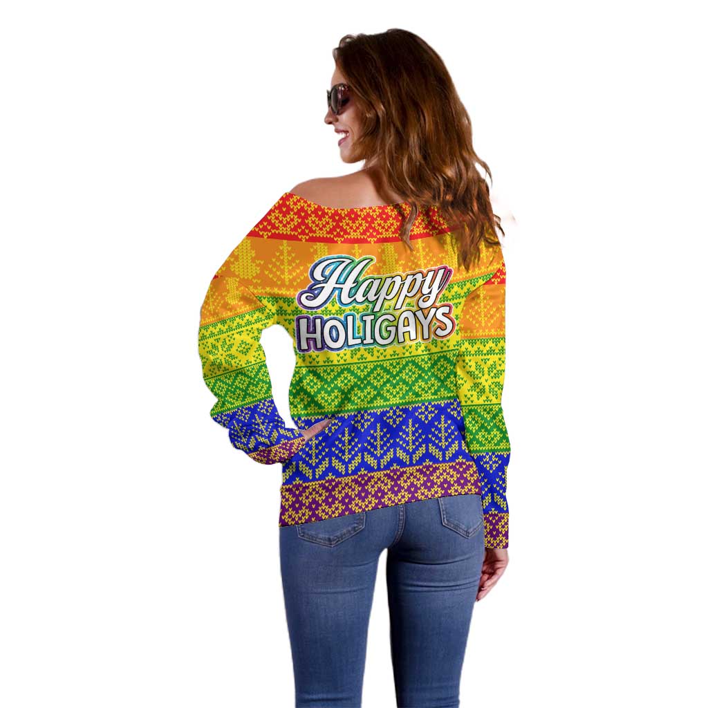 LGBT Gay Pride Happy Holigays Christmas Off Shoulder Sweater Xmas Holiday Patterns - Wonder Print Shop