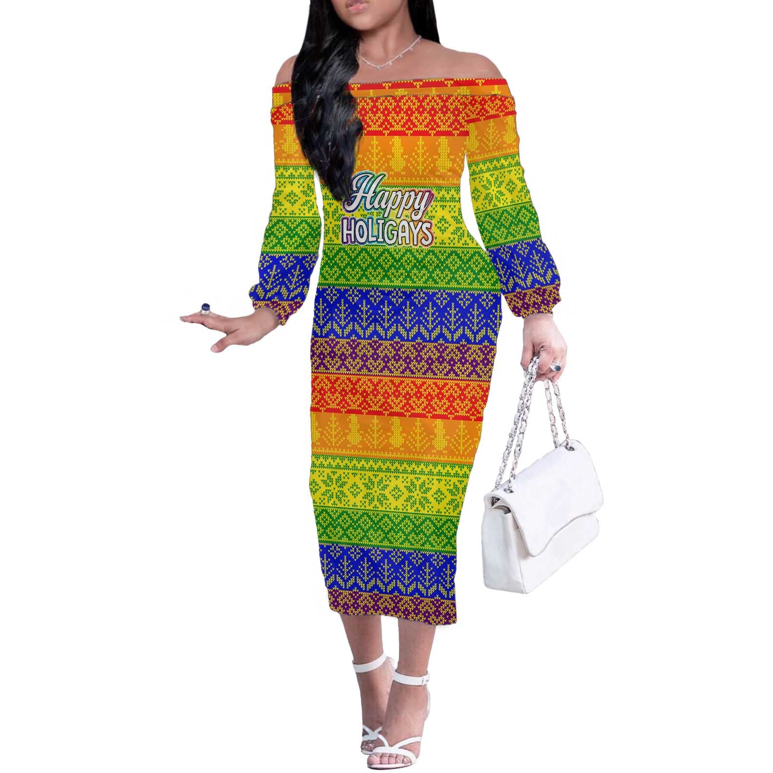 LGBT Gay Pride Happy Holigays Christmas Off The Shoulder Long Sleeve Dress Xmas Holiday Patterns - Wonder Print Shop