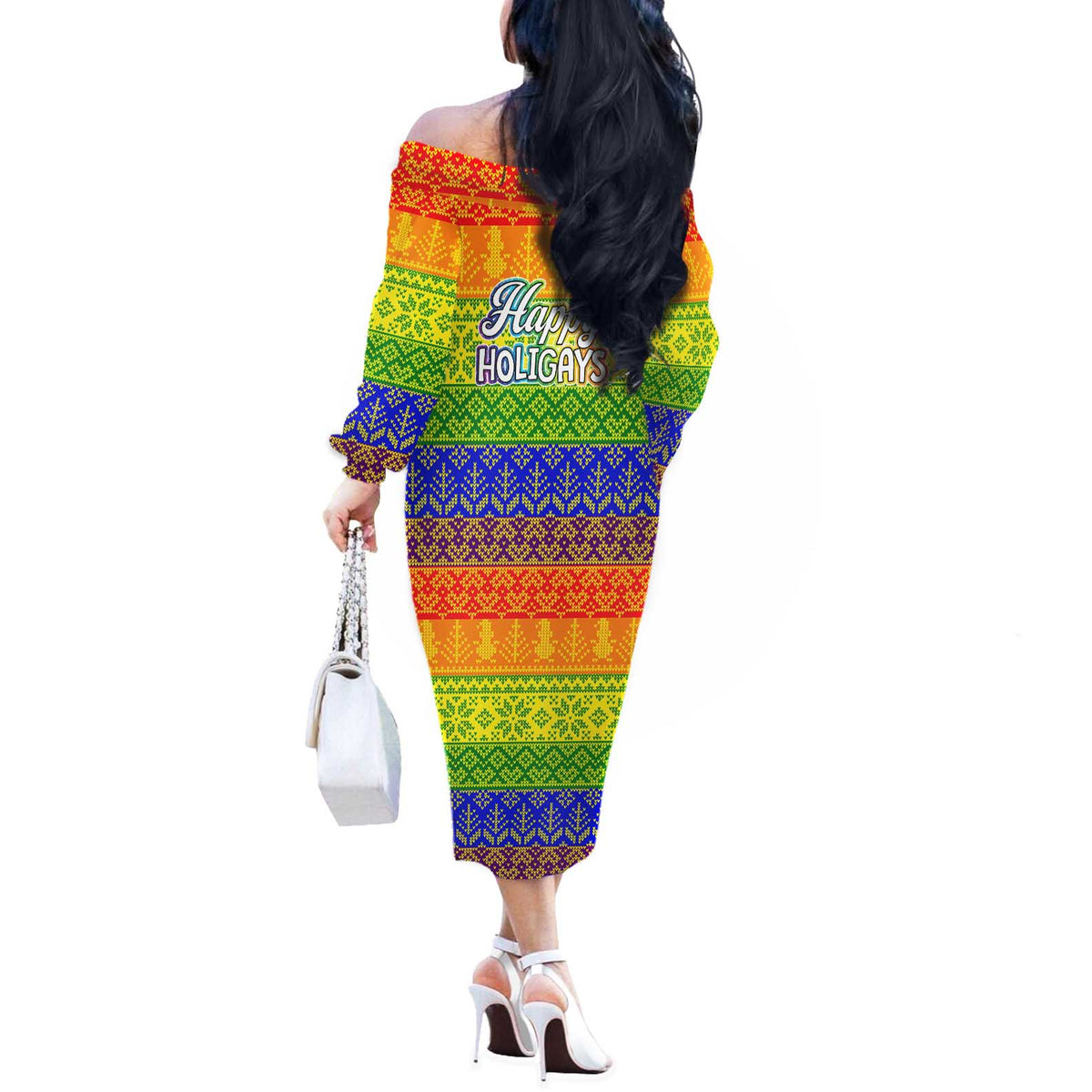 LGBT Gay Pride Happy Holigays Christmas Off The Shoulder Long Sleeve Dress Xmas Holiday Patterns - Wonder Print Shop