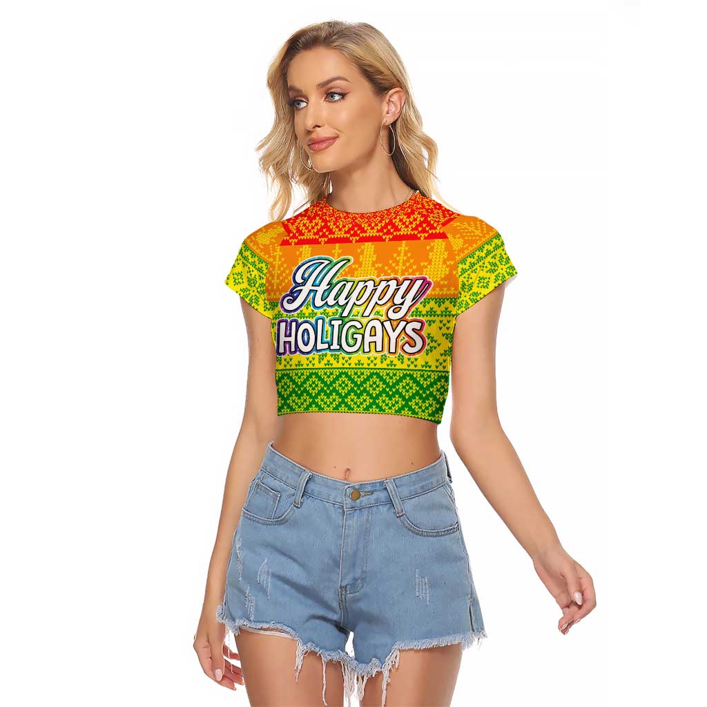 LGBT Gay Pride Happy Holigays Christmas Raglan Cropped T Shirt Xmas Holiday Patterns - Wonder Print Shop