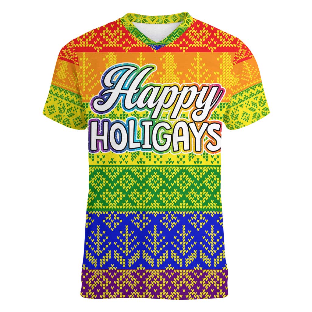 LGBT Gay Pride Happy Holigays Christmas Women V-Neck T-Shirt Xmas Holiday Patterns - Wonder Print Shop