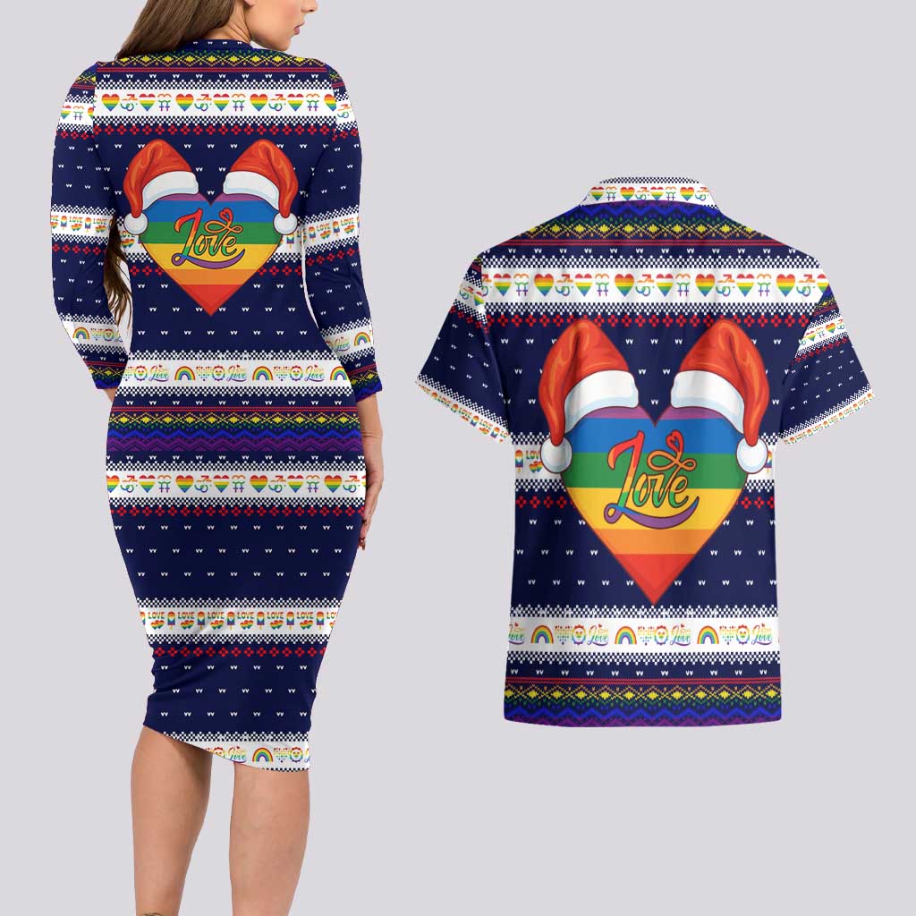 LGBT Heart Christmas Yall Christmas Couples Matching Long Sleeve Bodycon Dress and Hawaiian Shirt Xmas Holiday Patterns - Wonder Print Shop