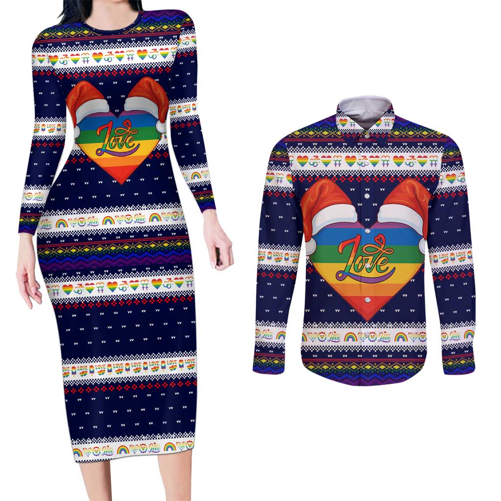 LGBT Heart Christmas Yall Christmas Couples Matching Long Sleeve Bodycon Dress and Long Sleeve Button Shirt Xmas Holiday Patterns - Wonder Print Shop