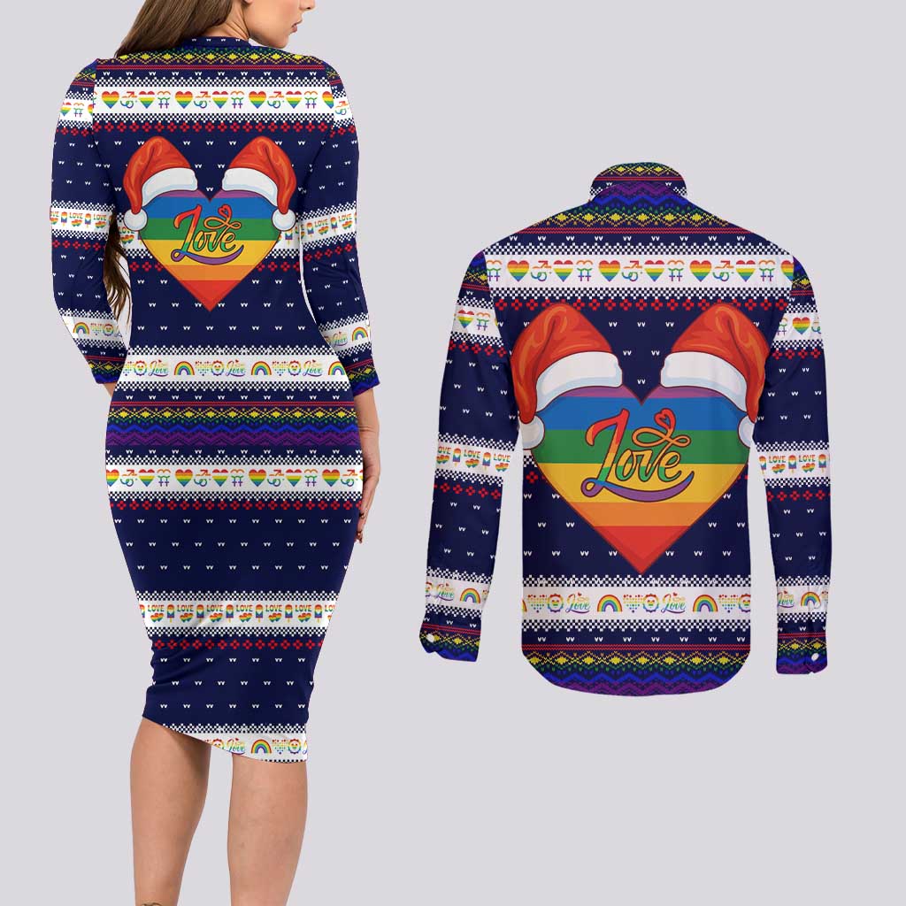 LGBT Heart Christmas Yall Christmas Couples Matching Long Sleeve Bodycon Dress and Long Sleeve Button Shirt Xmas Holiday Patterns - Wonder Print Shop