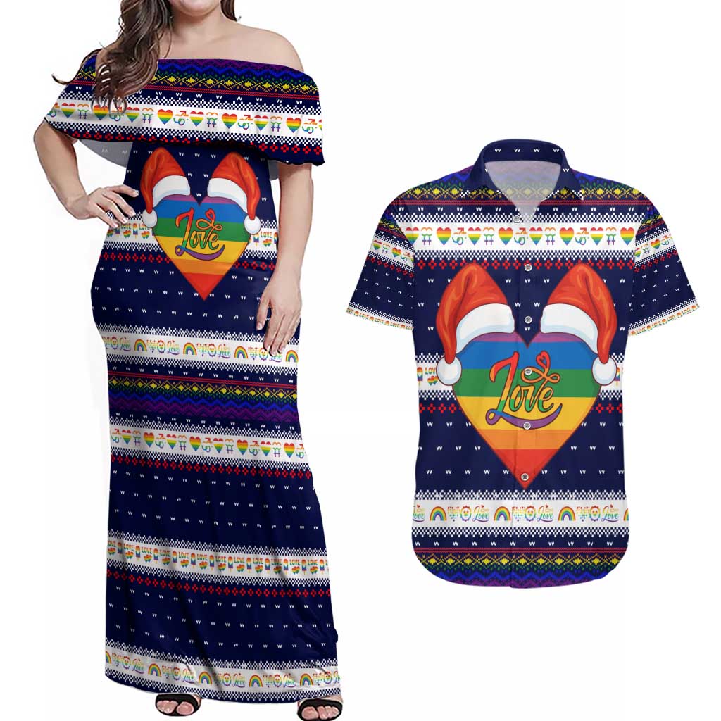 LGBT Heart Christmas Yall Christmas Couples Matching Off Shoulder Maxi Dress and Hawaiian Shirt Xmas Holiday Patterns - Wonder Print Shop