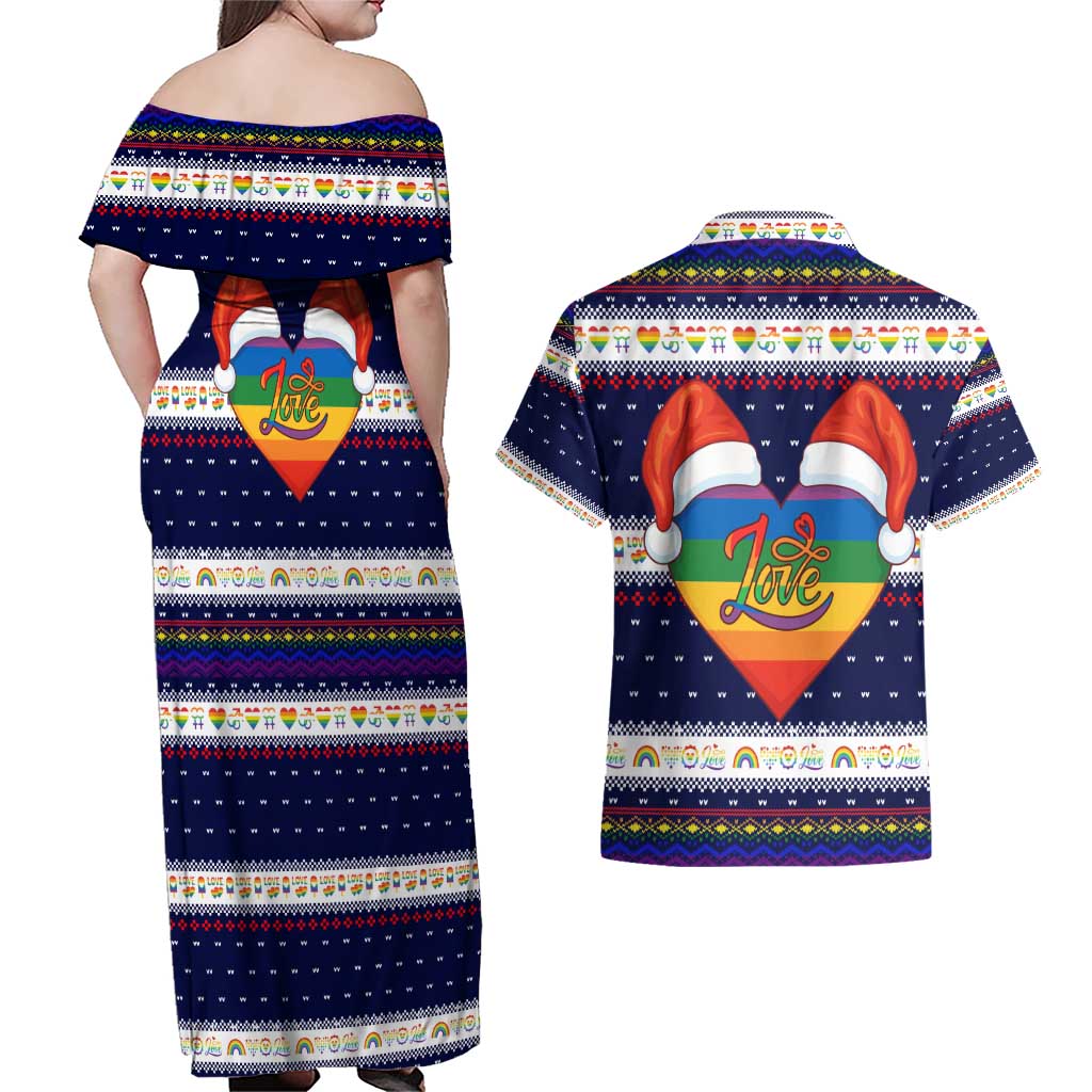 LGBT Heart Christmas Yall Christmas Couples Matching Off Shoulder Maxi Dress and Hawaiian Shirt Xmas Holiday Patterns - Wonder Print Shop