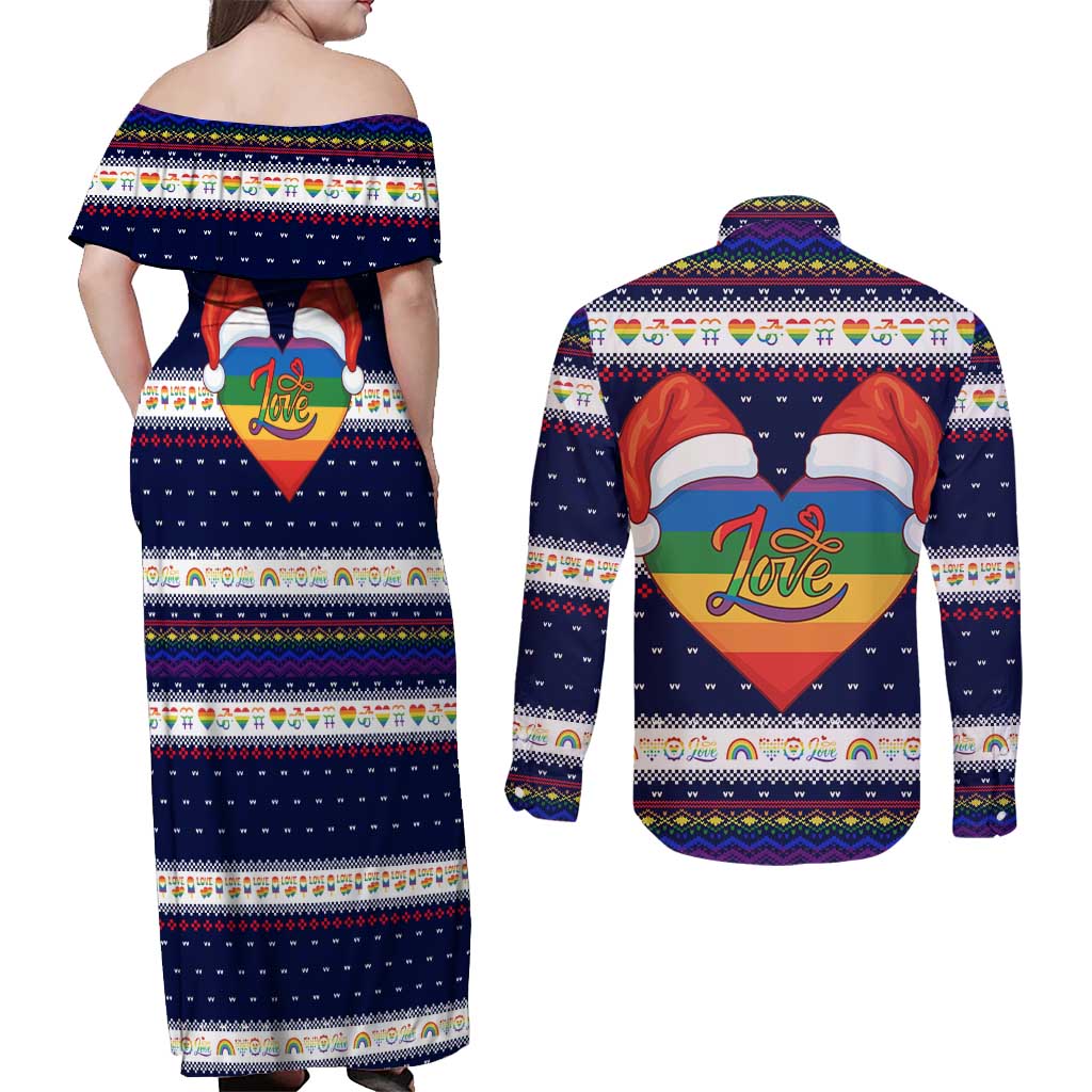 LGBT Heart Christmas Yall Christmas Couples Matching Off Shoulder Maxi Dress and Long Sleeve Button Shirt Xmas Holiday Patterns - Wonder Print Shop