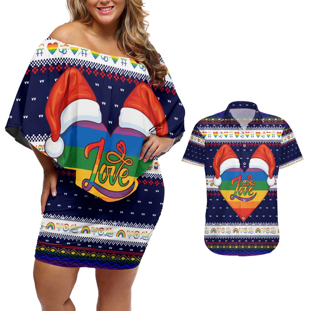 LGBT Heart Christmas Yall Christmas Couples Matching Off Shoulder Short Dress and Hawaiian Shirt Xmas Holiday Patterns - Wonder Print Shop