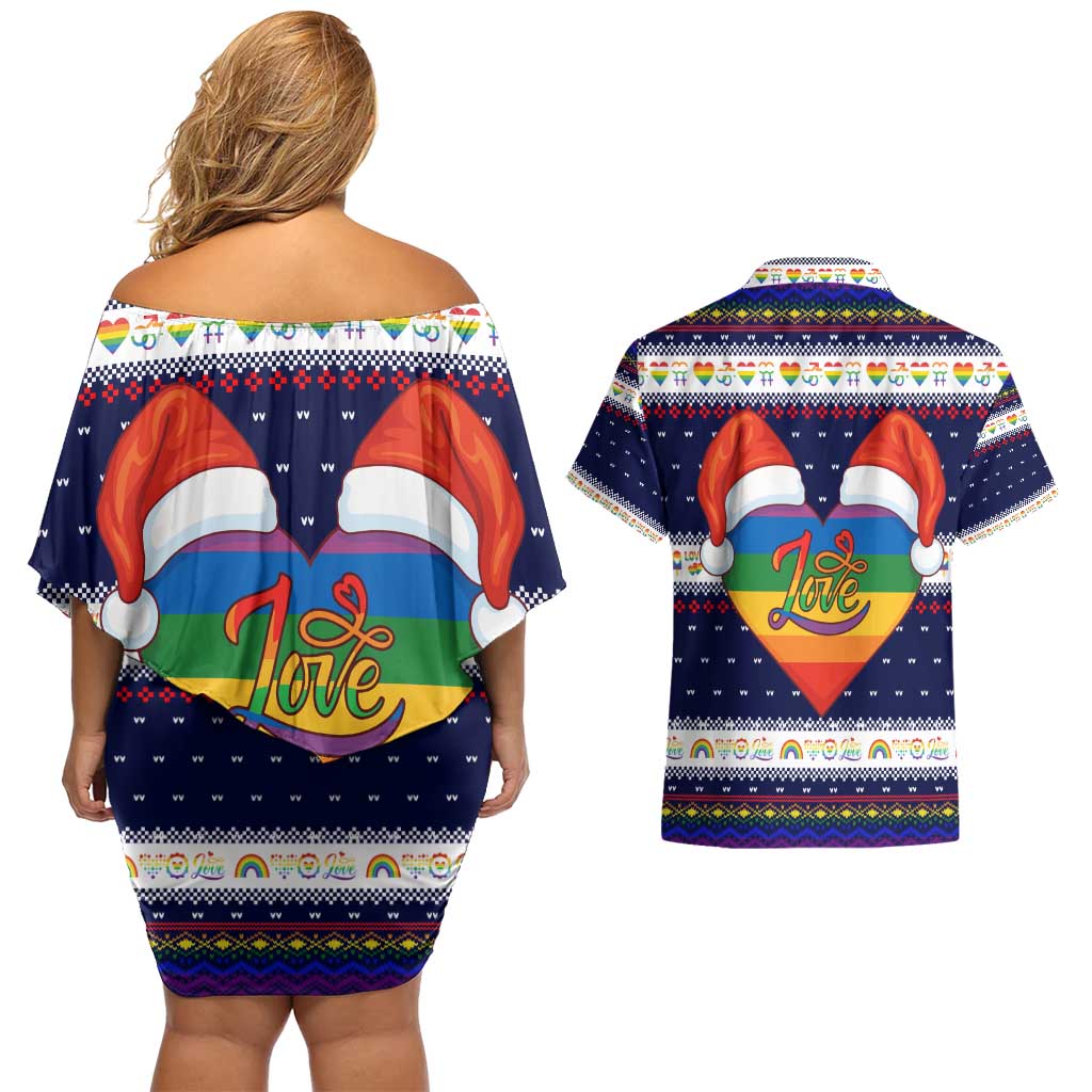 LGBT Heart Christmas Yall Christmas Couples Matching Off Shoulder Short Dress and Hawaiian Shirt Xmas Holiday Patterns - Wonder Print Shop