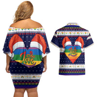 LGBT Heart Christmas Yall Christmas Couples Matching Off Shoulder Short Dress and Hawaiian Shirt Xmas Holiday Patterns - Wonder Print Shop