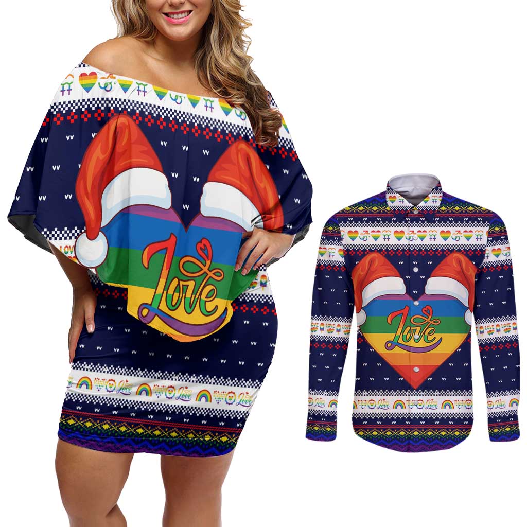 LGBT Heart Christmas Yall Christmas Couples Matching Off Shoulder Short Dress and Long Sleeve Button Shirt Xmas Holiday Patterns - Wonder Print Shop
