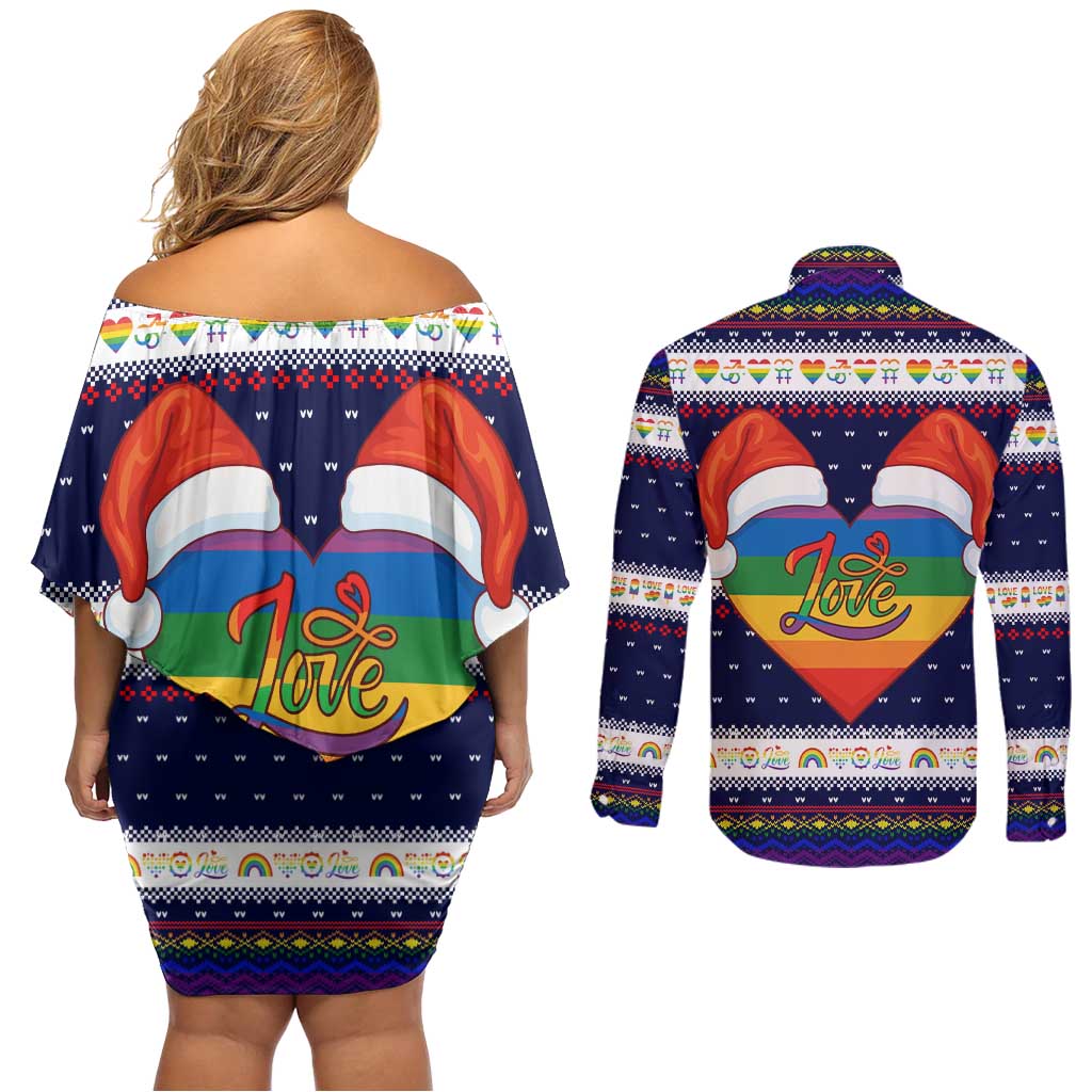 LGBT Heart Christmas Yall Christmas Couples Matching Off Shoulder Short Dress and Long Sleeve Button Shirt Xmas Holiday Patterns - Wonder Print Shop