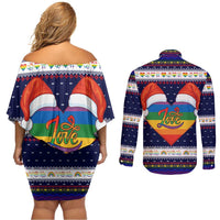 LGBT Heart Christmas Yall Christmas Couples Matching Off Shoulder Short Dress and Long Sleeve Button Shirt Xmas Holiday Patterns - Wonder Print Shop