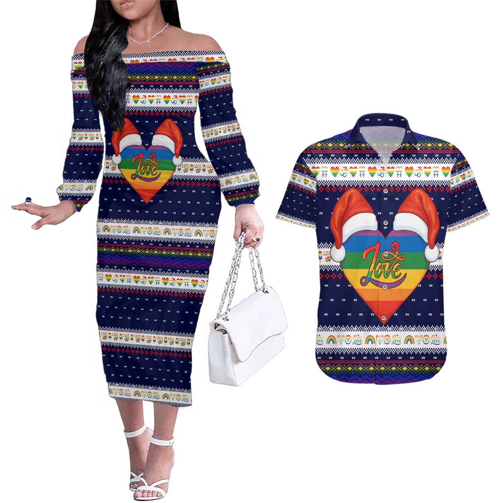 LGBT Heart Christmas Yall Christmas Couples Matching Off The Shoulder Long Sleeve Dress and Hawaiian Shirt Xmas Holiday Patterns - Wonder Print Shop
