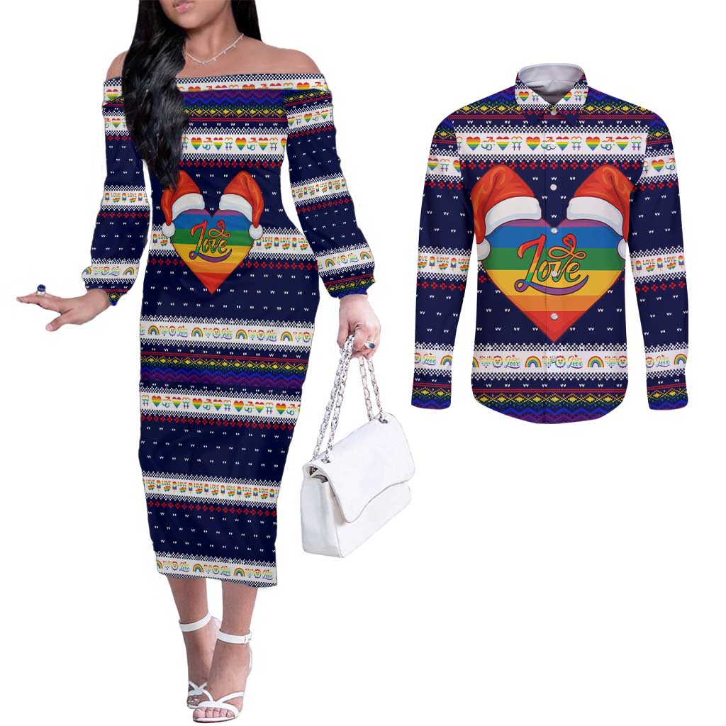 LGBT Heart Christmas Yall Christmas Couples Matching Off The Shoulder Long Sleeve Dress and Long Sleeve Button Shirt Xmas Holiday Patterns - Wonder Print Shop
