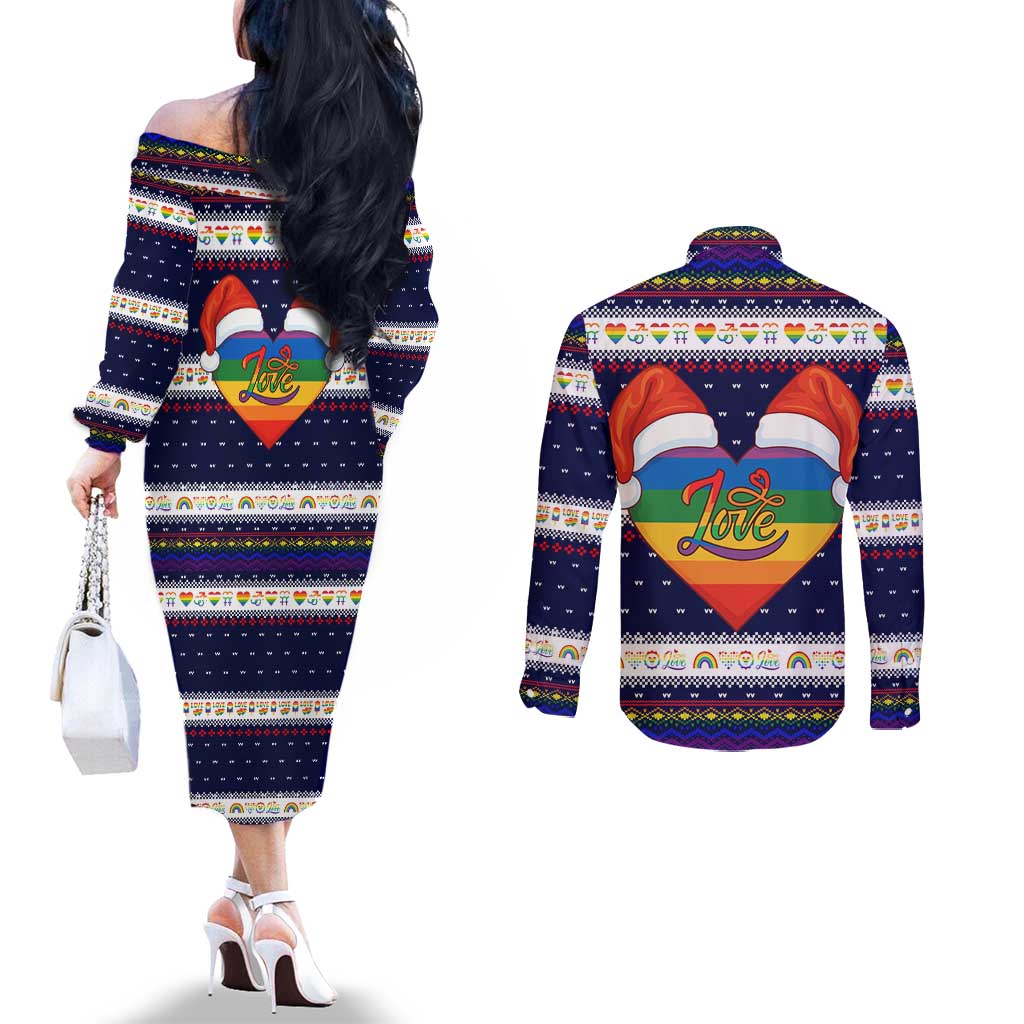 LGBT Heart Christmas Yall Christmas Couples Matching Off The Shoulder Long Sleeve Dress and Long Sleeve Button Shirt Xmas Holiday Patterns - Wonder Print Shop