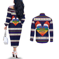 LGBT Heart Christmas Yall Christmas Couples Matching Off The Shoulder Long Sleeve Dress and Long Sleeve Button Shirt Xmas Holiday Patterns - Wonder Print Shop