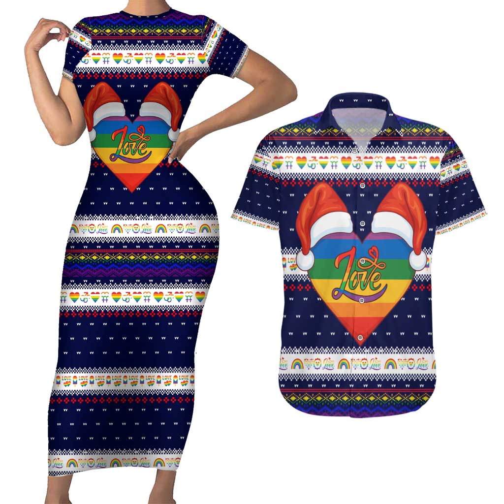 LGBT Heart Christmas Yall Christmas Couples Matching Short Sleeve Bodycon Dress and Hawaiian Shirt Xmas Holiday Patterns - Wonder Print Shop