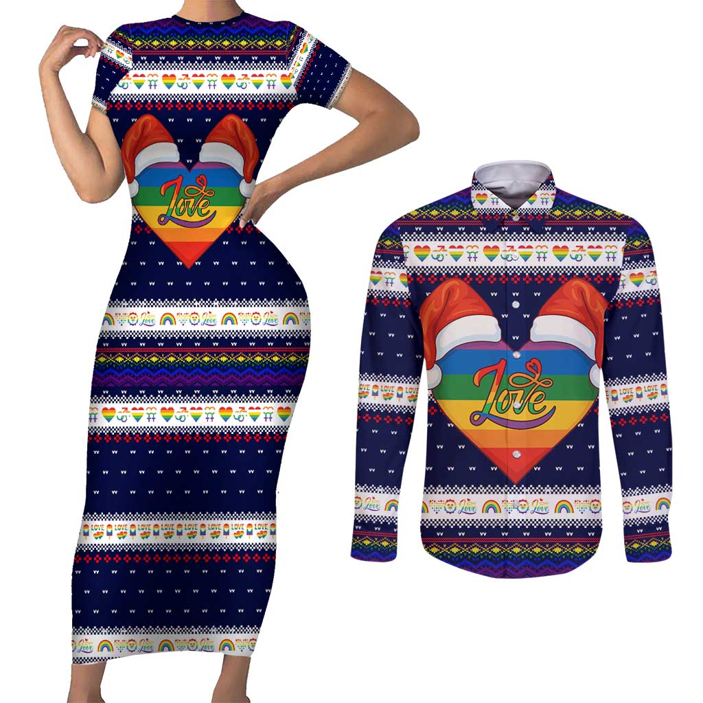 LGBT Heart Christmas Yall Christmas Couples Matching Short Sleeve Bodycon Dress and Long Sleeve Button Shirt Xmas Holiday Patterns - Wonder Print Shop