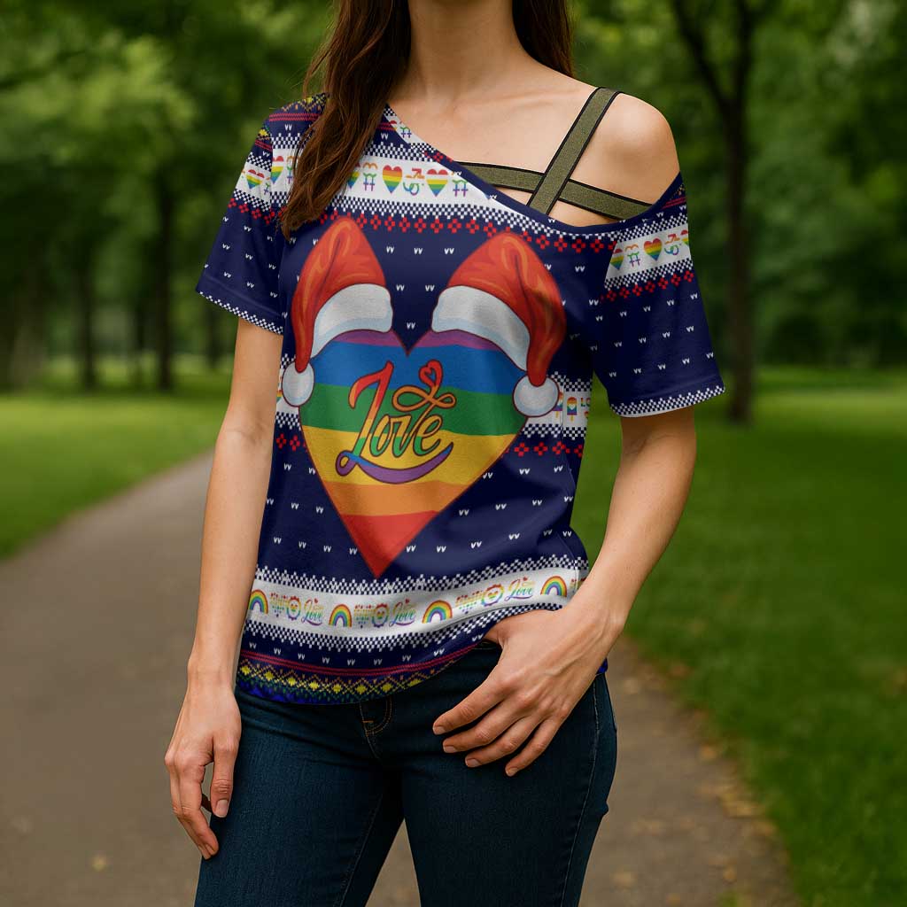 LGBT Heart Christmas Yall Christmas Cross Shoulder Shirt Xmas Holiday Patterns - Wonder Print Shop