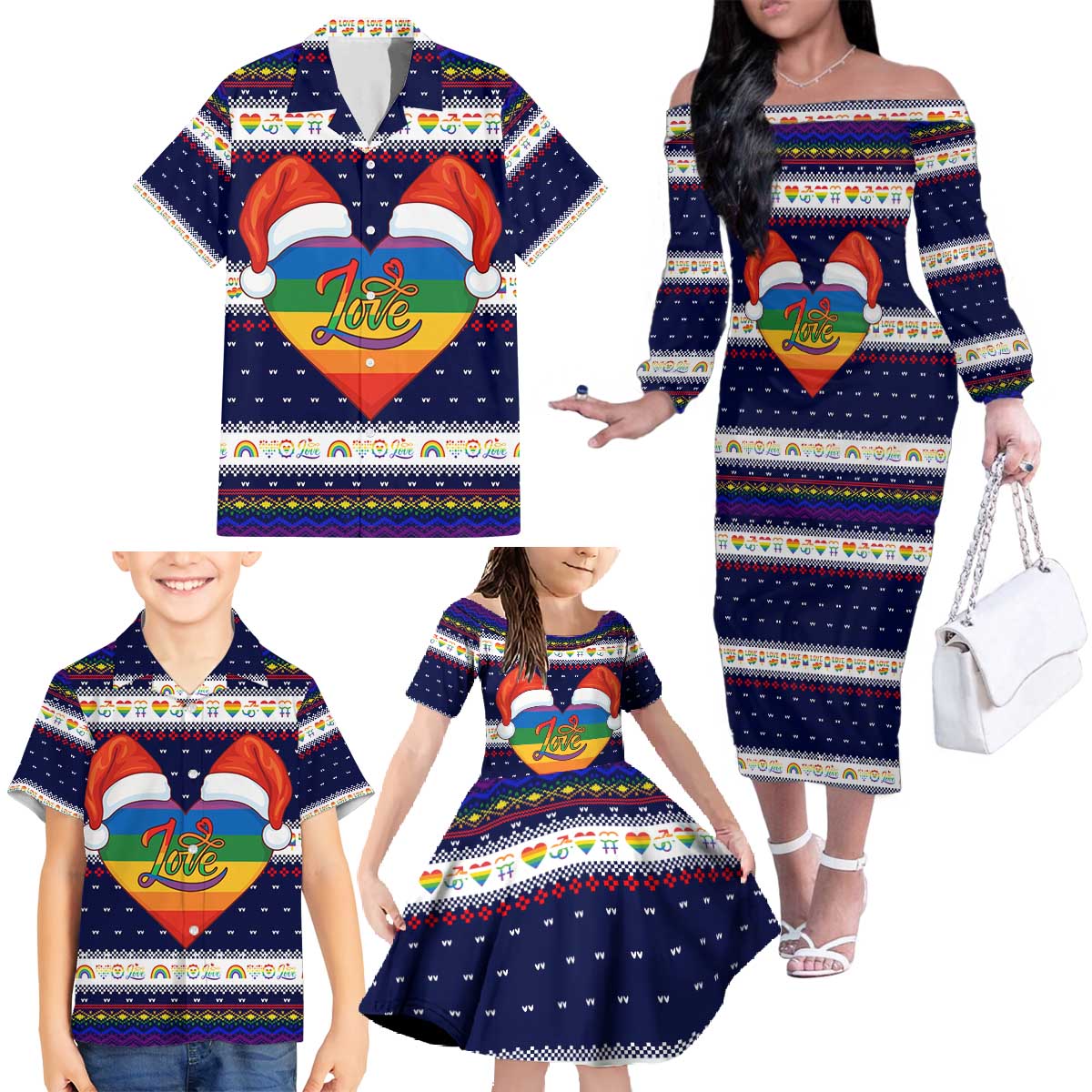 LGBT Heart Christmas Yall Christmas Family Matching Off The Shoulder Long Sleeve Dress and Hawaiian Shirt Xmas Holiday Patterns - Wonder Print Shop