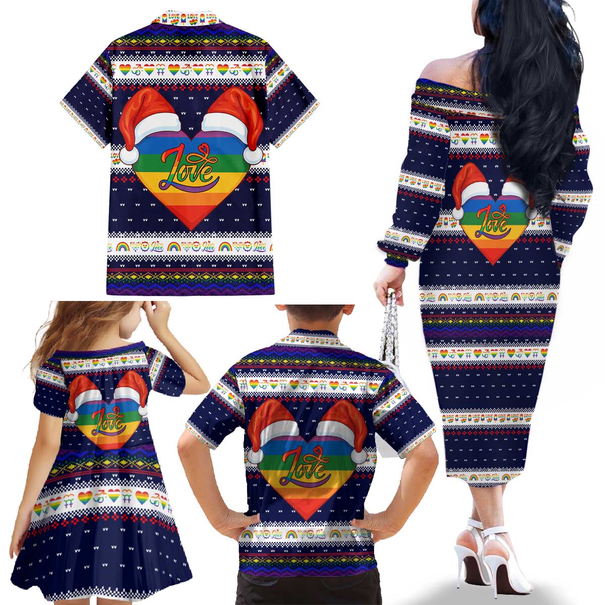 LGBT Heart Christmas Yall Christmas Family Matching Off The Shoulder Long Sleeve Dress and Hawaiian Shirt Xmas Holiday Patterns - Wonder Print Shop