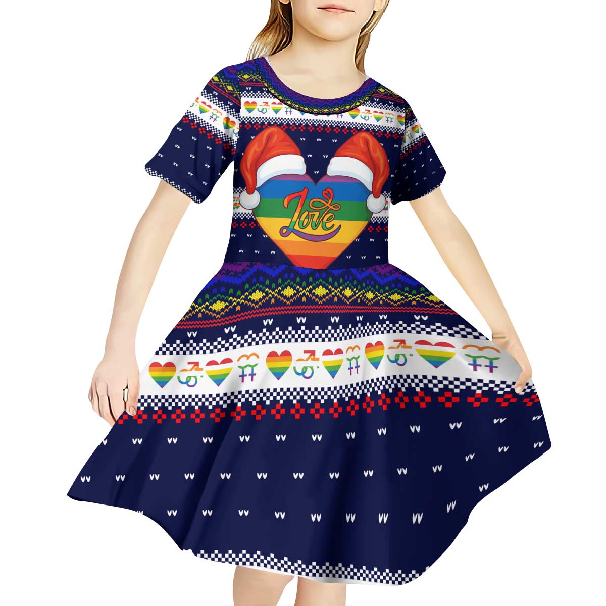 LGBT Heart Christmas Yall Christmas Kid Short Sleeve Dress Xmas Holiday Patterns - Wonder Print Shop